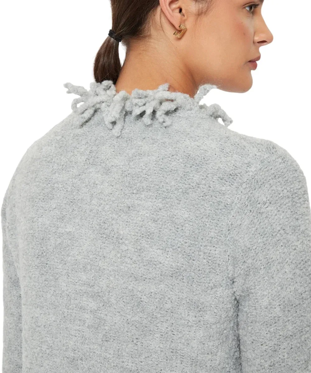 Cappotto Regina in Maglia Bouclé con Bordi Sfrangiati e Bottoni Decorativi