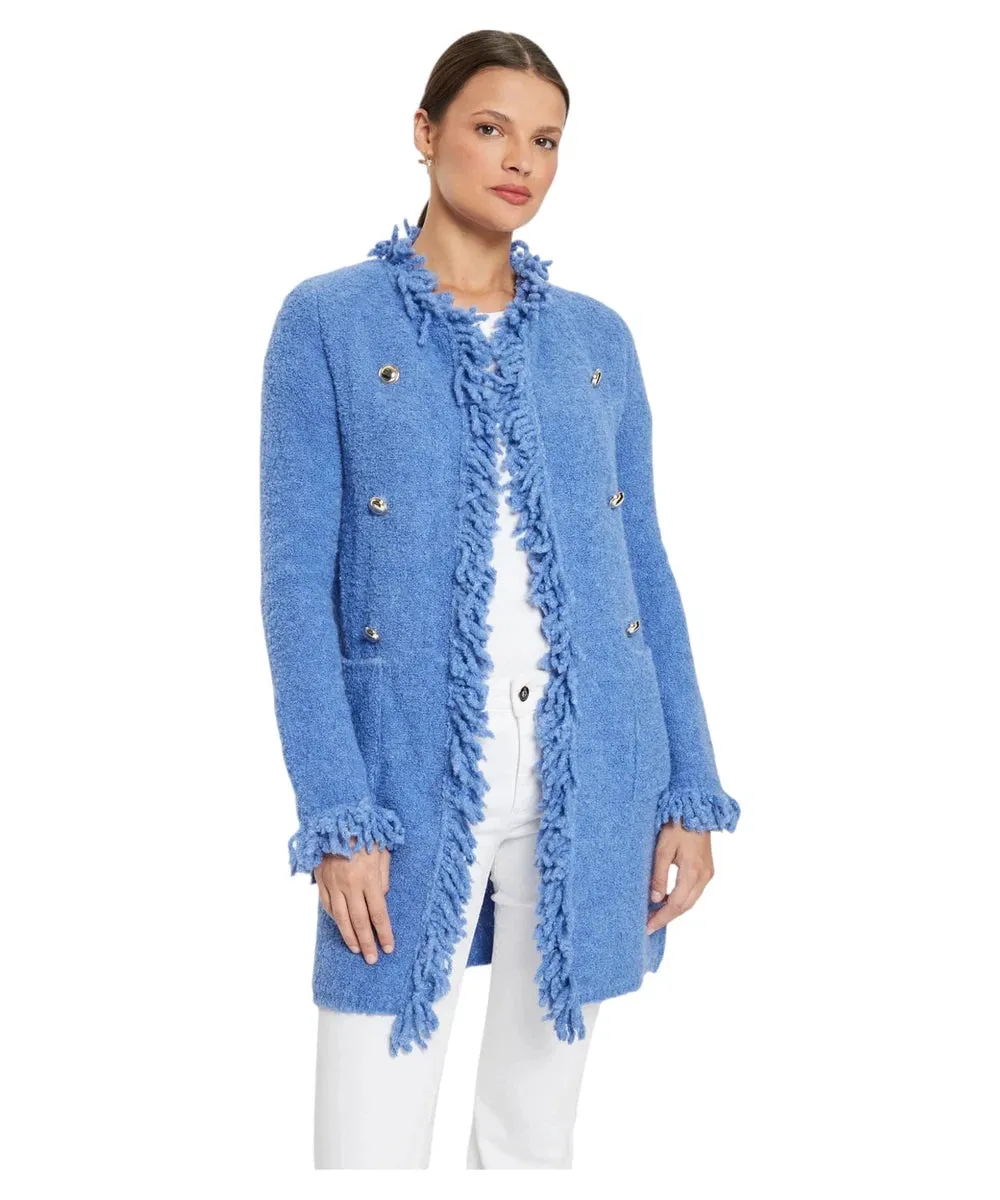 Cappotto Regina in Maglia Bouclé con Bordi Sfrangiati e Bottoni Decorativi