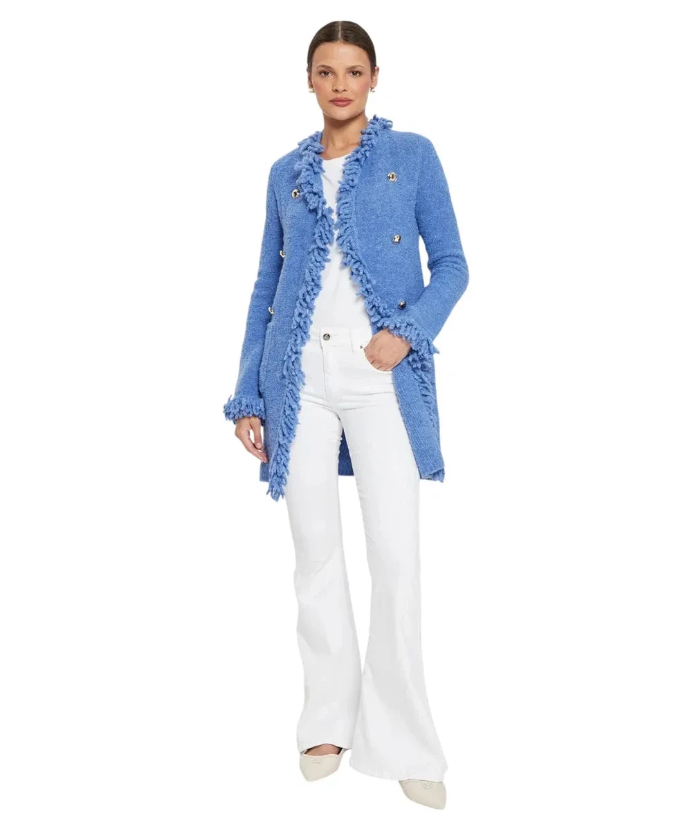 Cappotto Regina in Maglia Bouclé con Bordi Sfrangiati e Bottoni Decorativi