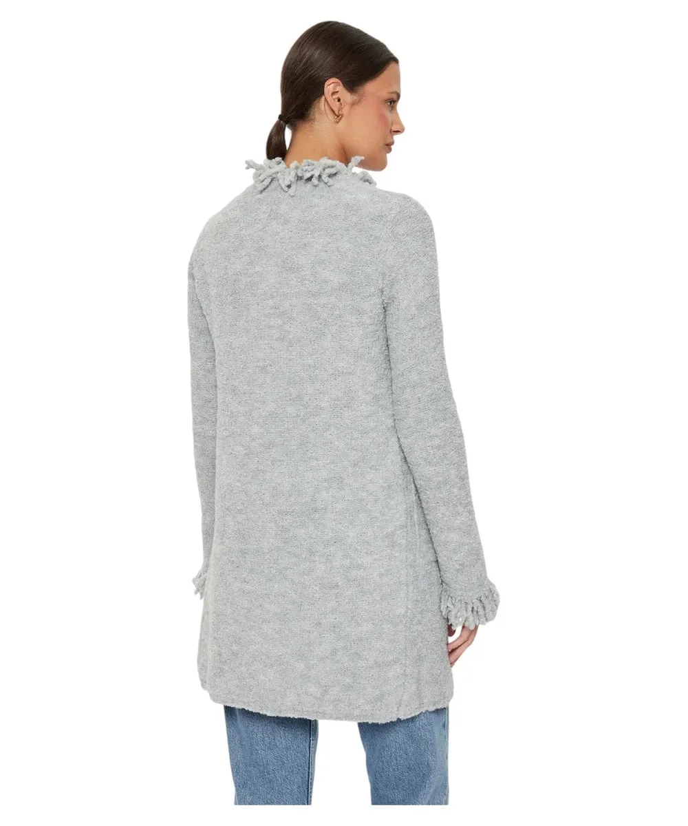 Cappotto Regina in Maglia Bouclé con Bordi Sfrangiati e Bottoni Decorativi