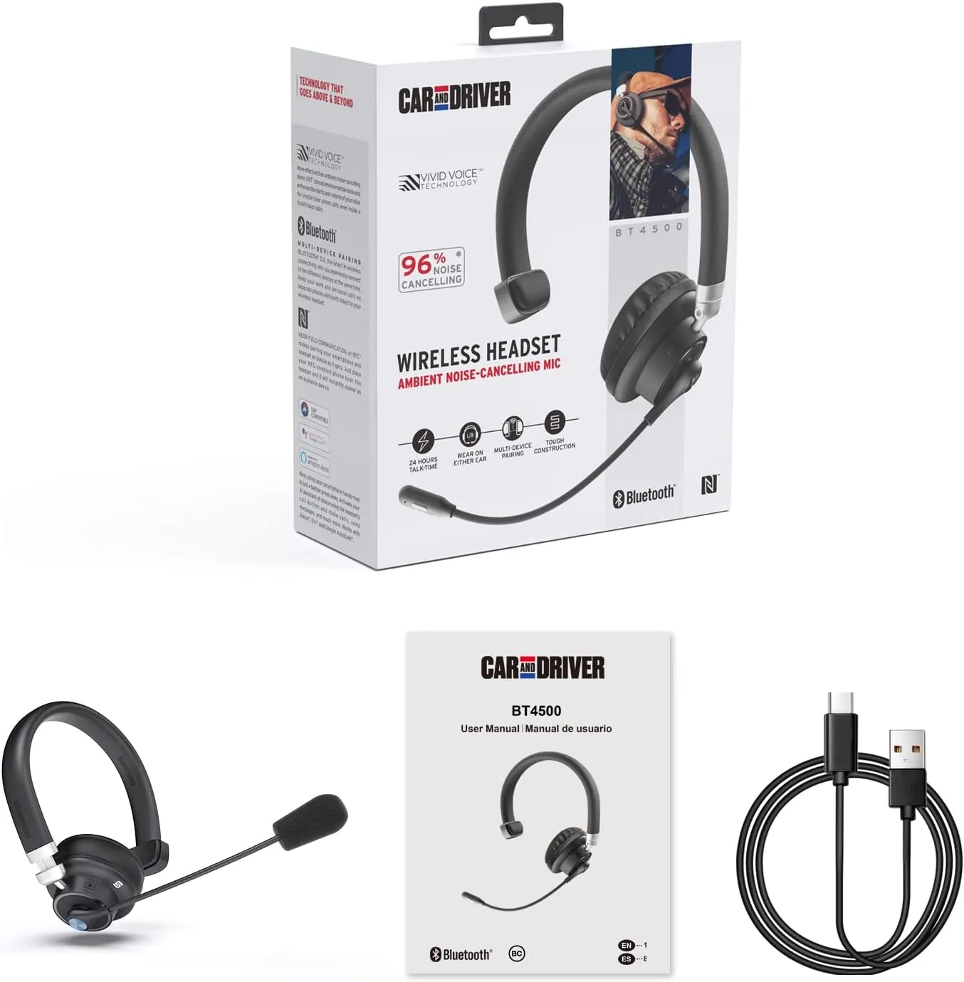 Car and Driver Trucker Bluetooth Headset, Wireless Headset Noise Canceling Headphones with Microphone, Home Office, Zoom, Call Center, Clear Highway| Siri, Alexa, Google Compatible (BT4500)
