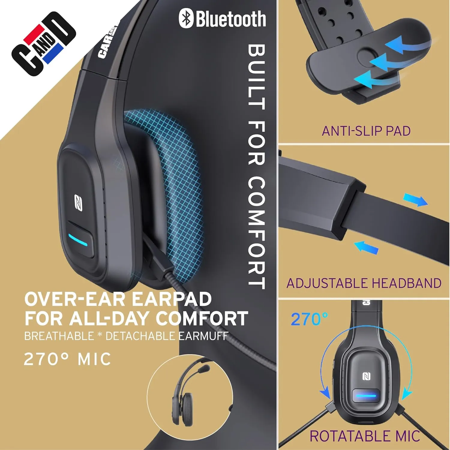 Car and Driver Trucker Bluetooth Headset, Wireless Headset Noise Canceling Headphones with Microphone, Home Office, Zoom, Call Center, Clear Highway, Siri Alexa Google Compatible (BT5500)