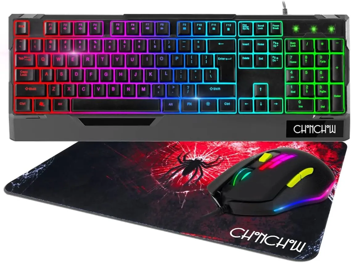 CHONCHOW Gaming Keyboard and Mouse Combo-Full Size Computer Keyboard RGB Backlit USB Wired Keyboards and Mouse 3200DPI&Mousepad 3in1 Ergonomic Design for PC Laptop Desktop PS4 Xbox
