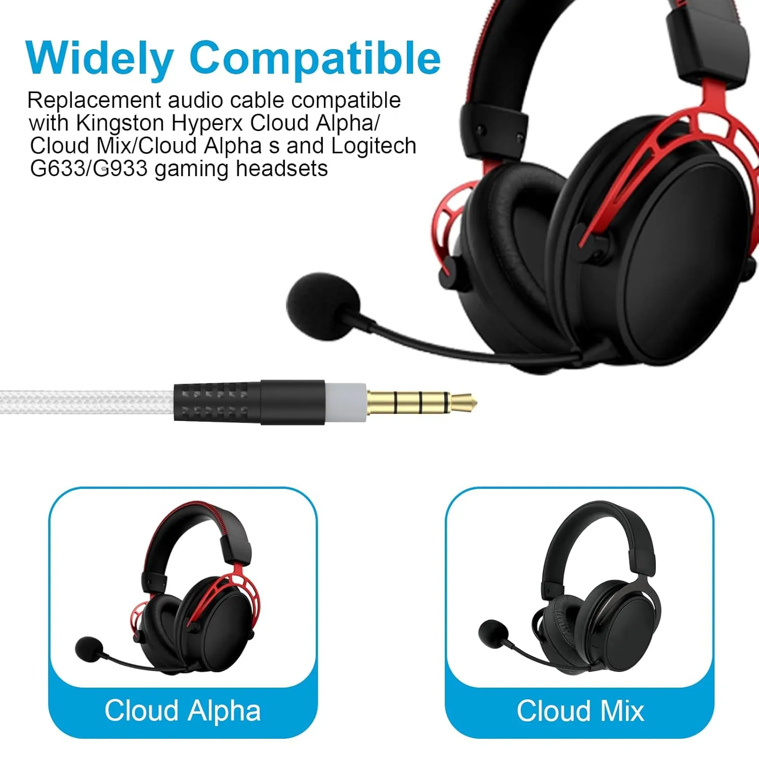 Cloud Alpha Replacement Cable Cord Compatible with HyperX Cloud Mix/Cloud Alpha S, Logitech G633 G933 Gaming Headsets, Headset Audio 3.5mm Cable with Mute & Volume Control (No Mic,White)