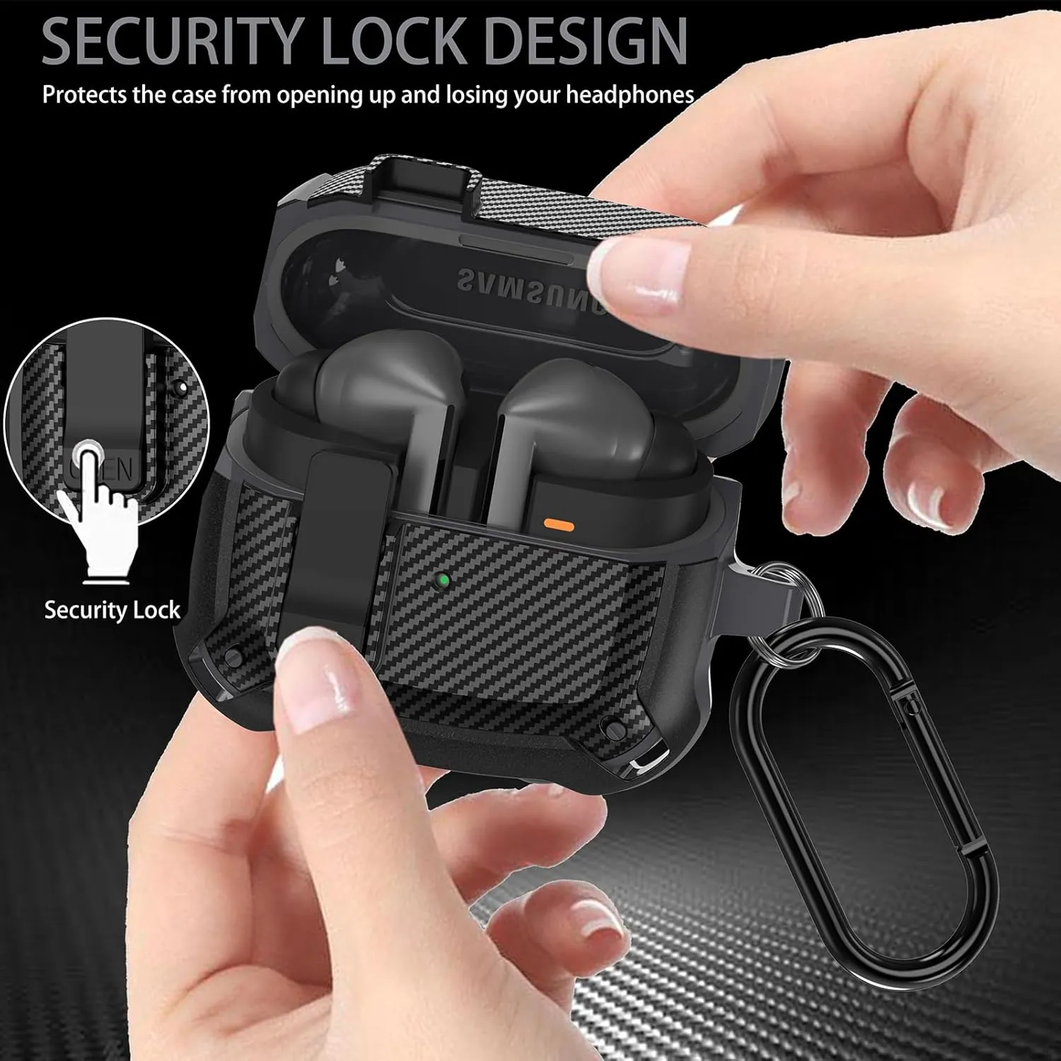 Compatible Samsung Galaxy Buds 3 Pro Case/Bud3 Cover Lock Clip for Men, Military Shell Galaxy Buds Pro 3/ Bud 3 Protective Armor Skin with with Cleaner Kit & Carabiner, Black