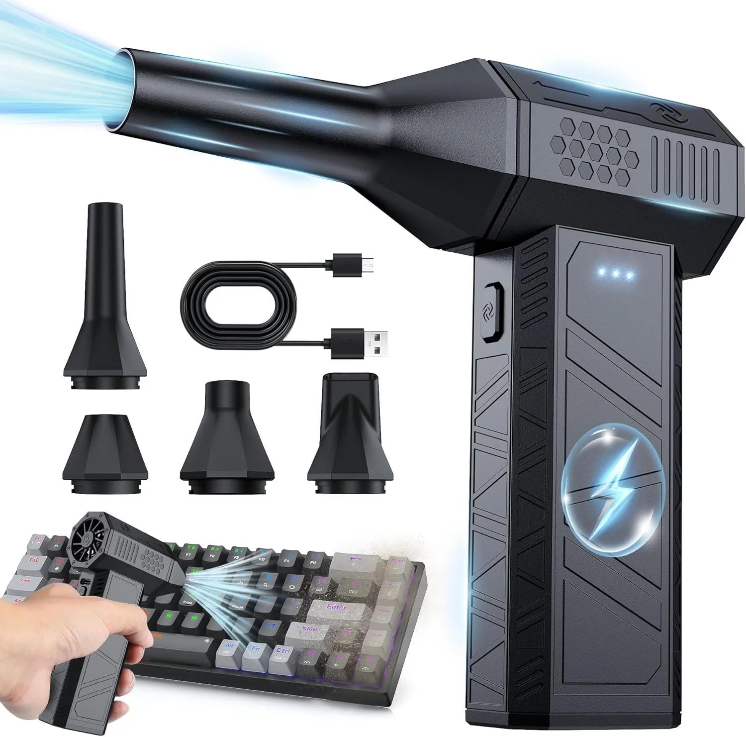 Compressed Air Duster - Electric Air Duster with Brushless Motor, Rechargeable Air Duster, 3-Speed Cordless Blower for Keyboard, Computer, Car & Home  High-Power, Reusable & Portable