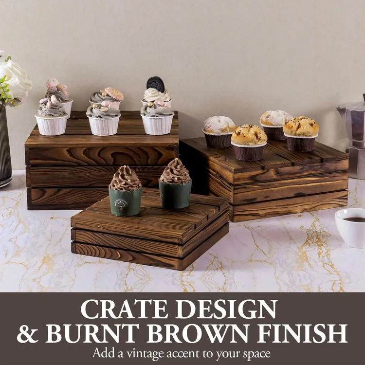 Dark Brown Wood Stackable Display Box Riser Stands, Decorative Storage Bins, 3-Piece Set
