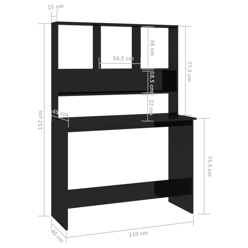 Desk with Shelf High Gloss Black 110x45x157 cm Engineered Wood