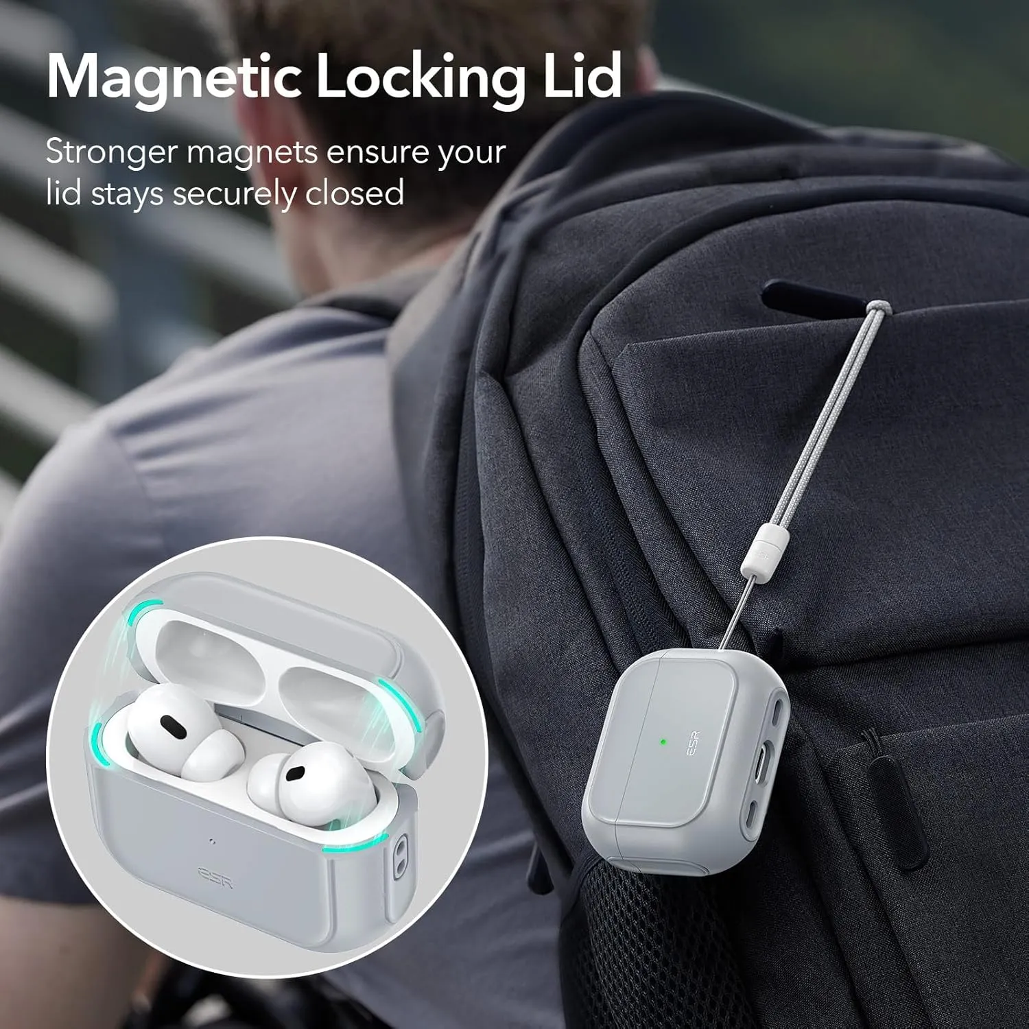 ESR for AirPods Pro 2 Case (HaloLock), Compatible with Airpods Pro Case 2nd / 1st Generation (2023/2022/2019), Compatible with MagSafe, Full Drop Protection Cover with Lanyard, Gray
