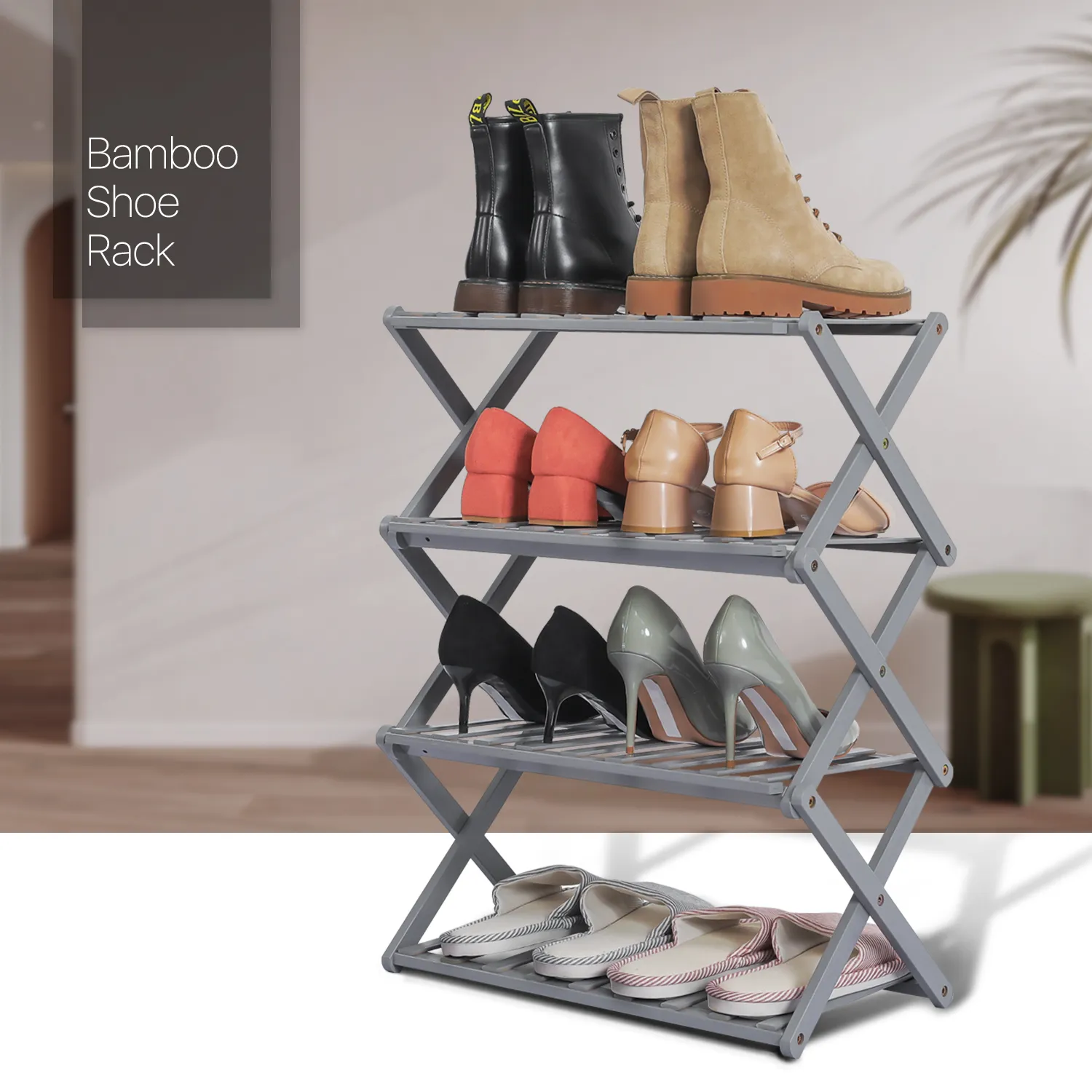 Foldable Multifunctional Shoe Rack Organizer - 4 Tier - Gray