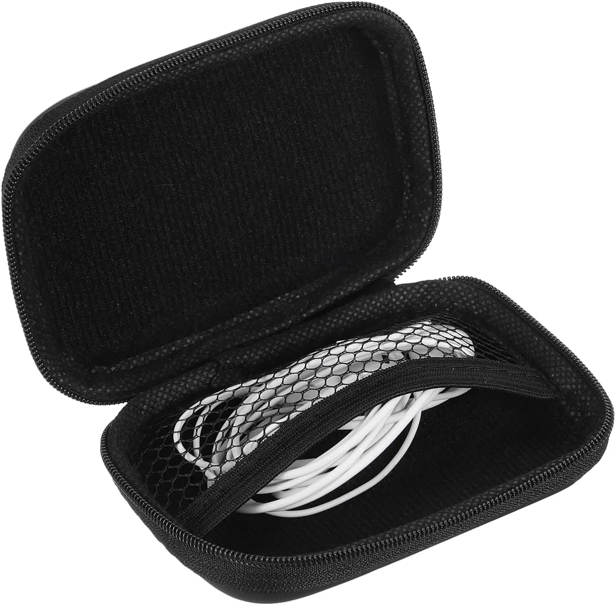 HARFINGTON Earbuds Cases, Wired Earphone Case Holder, EVA Ear Buds Case Zipper Organizer Small with Mesh Pocket for USB Cable, Earphones, Black