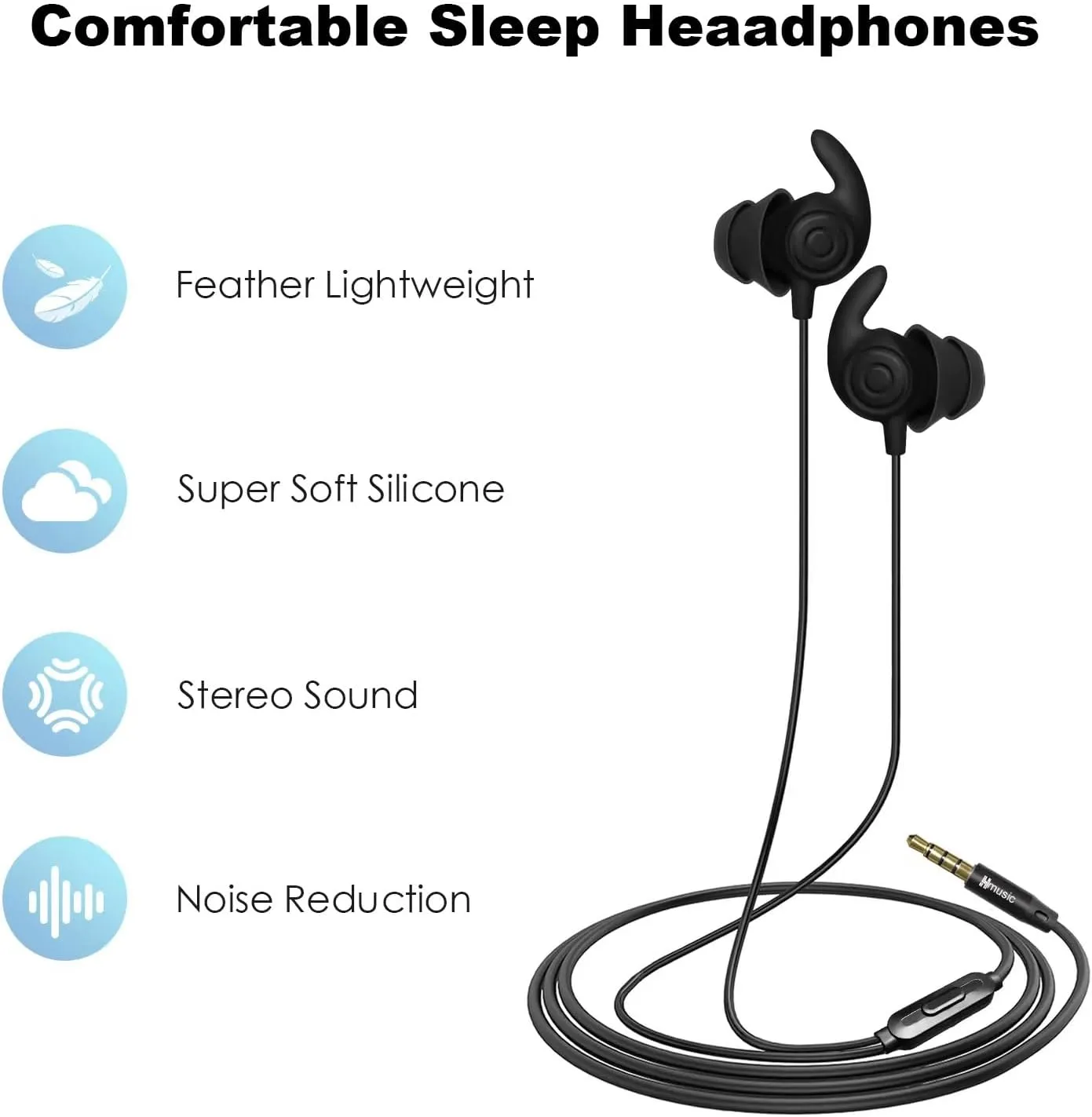 Hmusic Sleep Earphones, Noise Isolation 3.5mm Sleep Headphones Wired, Lightweight Soft Silicone Earbuds with Mic for Insomnia, Side Sleeper, Snoring, Air Travel, Yoga, Relaxation, Meditation (Black)