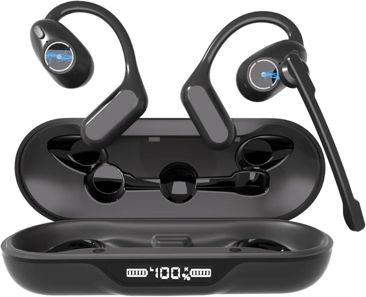iDIGMALL Bluetooth 5.4 Headset w/Detachable Microphone, Open Ear Headphones w/Noise Canceling Mic & Mute for Call, Multipoint Wireless Earbuds w/Charging Case for Office Home Work Driving Travel, 60H