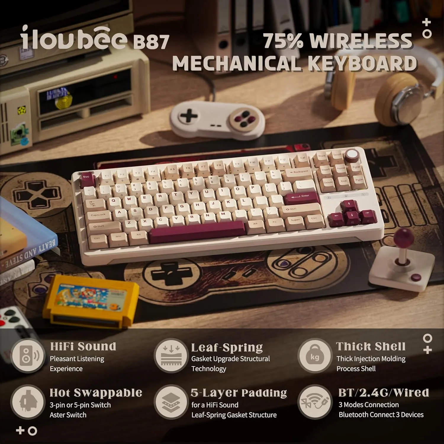 iLovBee B87 Wireless Mechanical Keyboard, 75% Percent Gaming Keyboard with Bluetooth/2.4GHz/USB Wired, RGB Creamy Keyboards with Knob, QMK/VIA, Gasket Mount Hot Swappable Linear Switch, Retro Red
