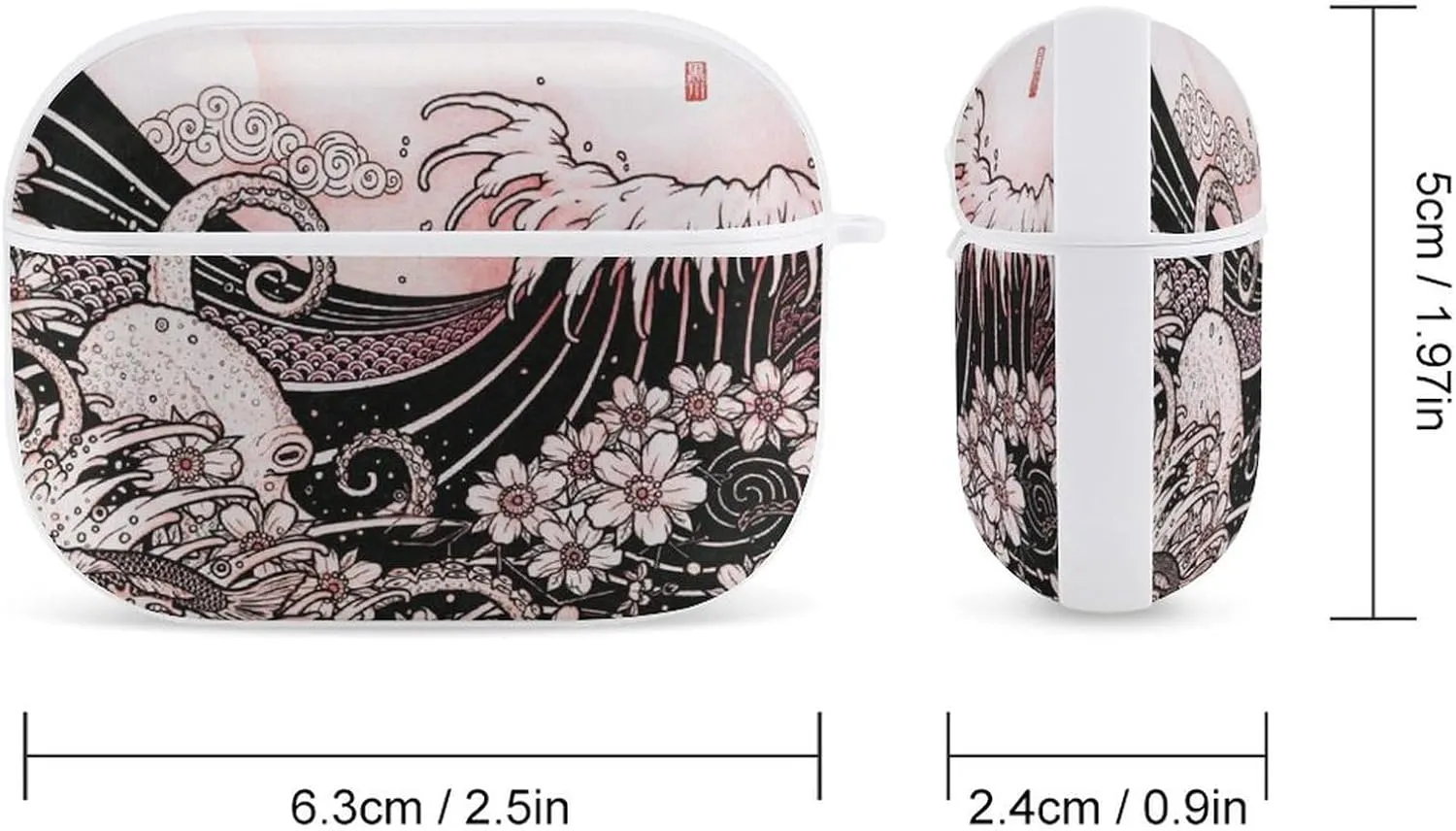Japanese Wave O-ctopus and Cherry Blossom Funny Compatible with Airpod Pro Case Cute Protective Hard Cover with Keychain White-Style