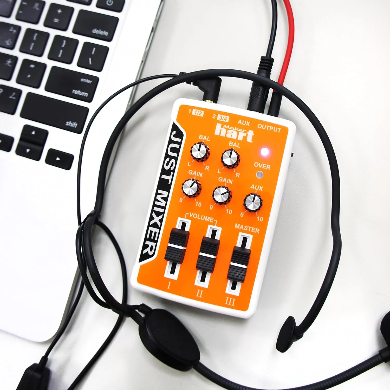JUST MIXER Audio/DJ Mixer - Battery/USB Powered Portable Pocket Audio Mixer w/ 3 Stereo Channels (3.5mm) Plus On/Off Switch (Orange)