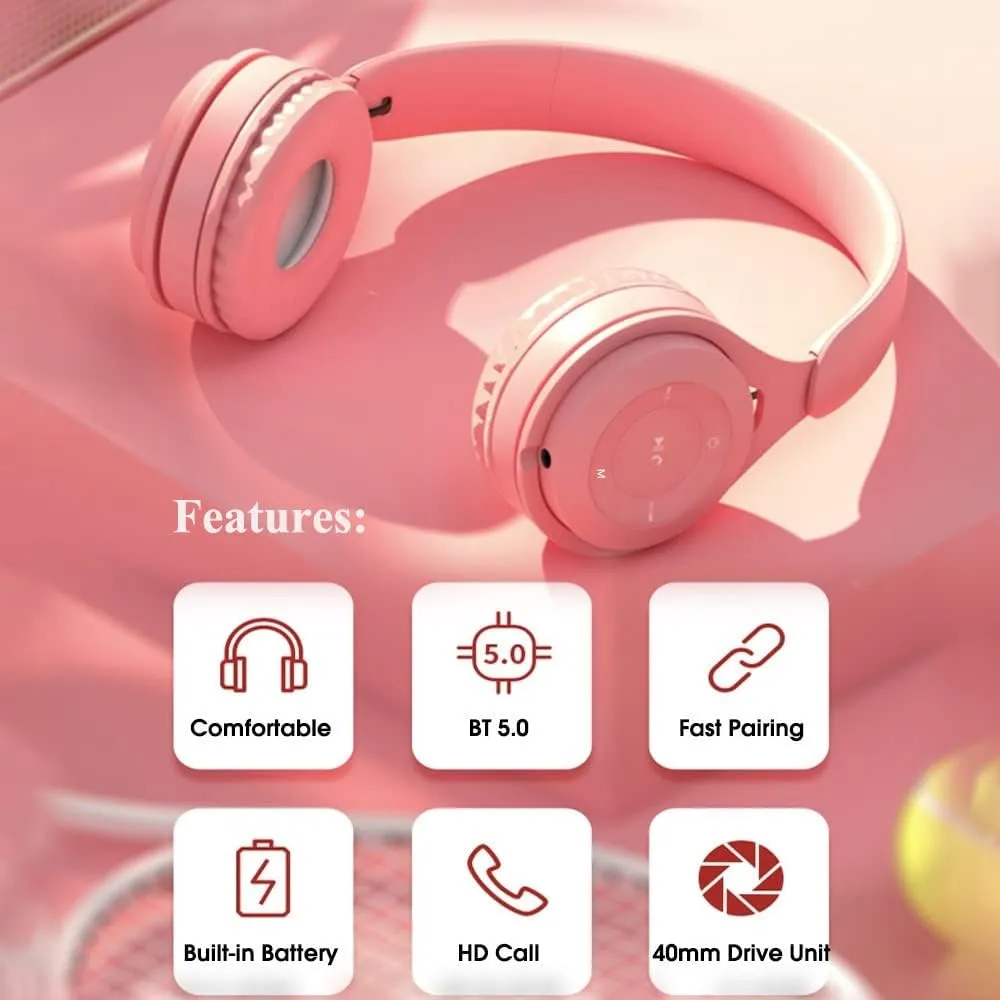 Kids Bluetooth Headphones, Over-Ear Wireless Bluetooth 5.0 Headset, Comfortable Protein Earpads and Folding Storage,HiFi Music Player with Microphone Bluetooth Wireless Headset (Pink)