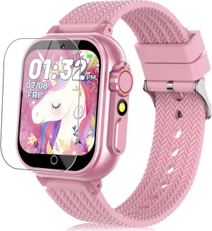 Kids Smart Watch for Girls Boys Ages 3-12 with 2 Screen Protector 32 Games 3 Sport Mode Video Camera Music Player 1.5" HD Touchscreen Alloy Case Learn Card Toys Toddles Watches Birthday Gift (Pink)