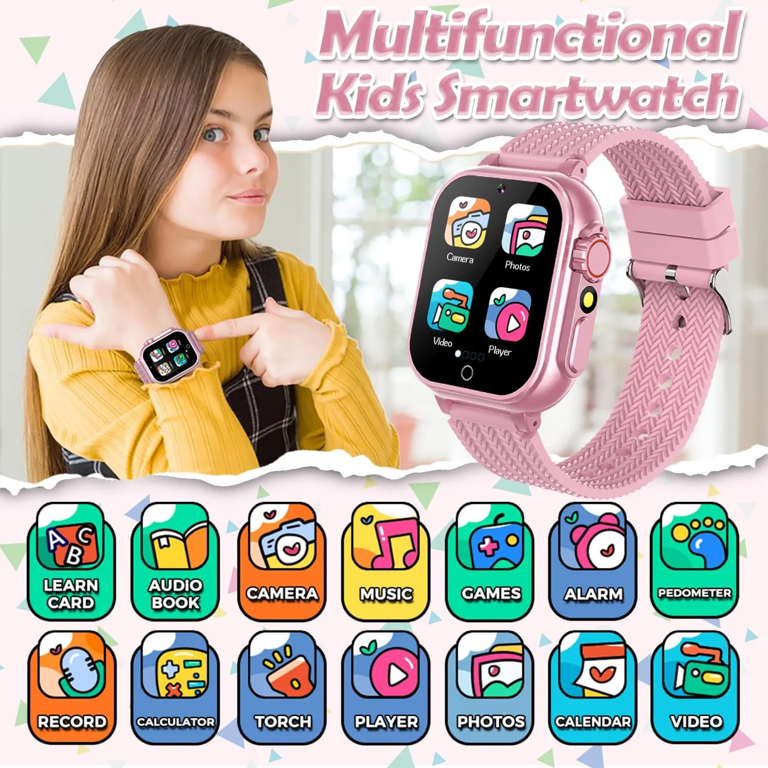 Kids Smart Watch for Girls Boys Ages 3-12 with 2 Screen Protector 32 Games 3 Sport Mode Video Camera Music Player 1.5" HD Touchscreen Alloy Case Learn Card Toys Toddles Watches Birthday Gift (Pink)