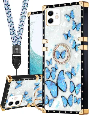 Loheckle for iPhone 11 Case for Women, Designer Cases for iPhone 11 with Ring Stand Holder and Lanyard, Stylish Pearl Butterfly Luxury Cover for iPhone 11