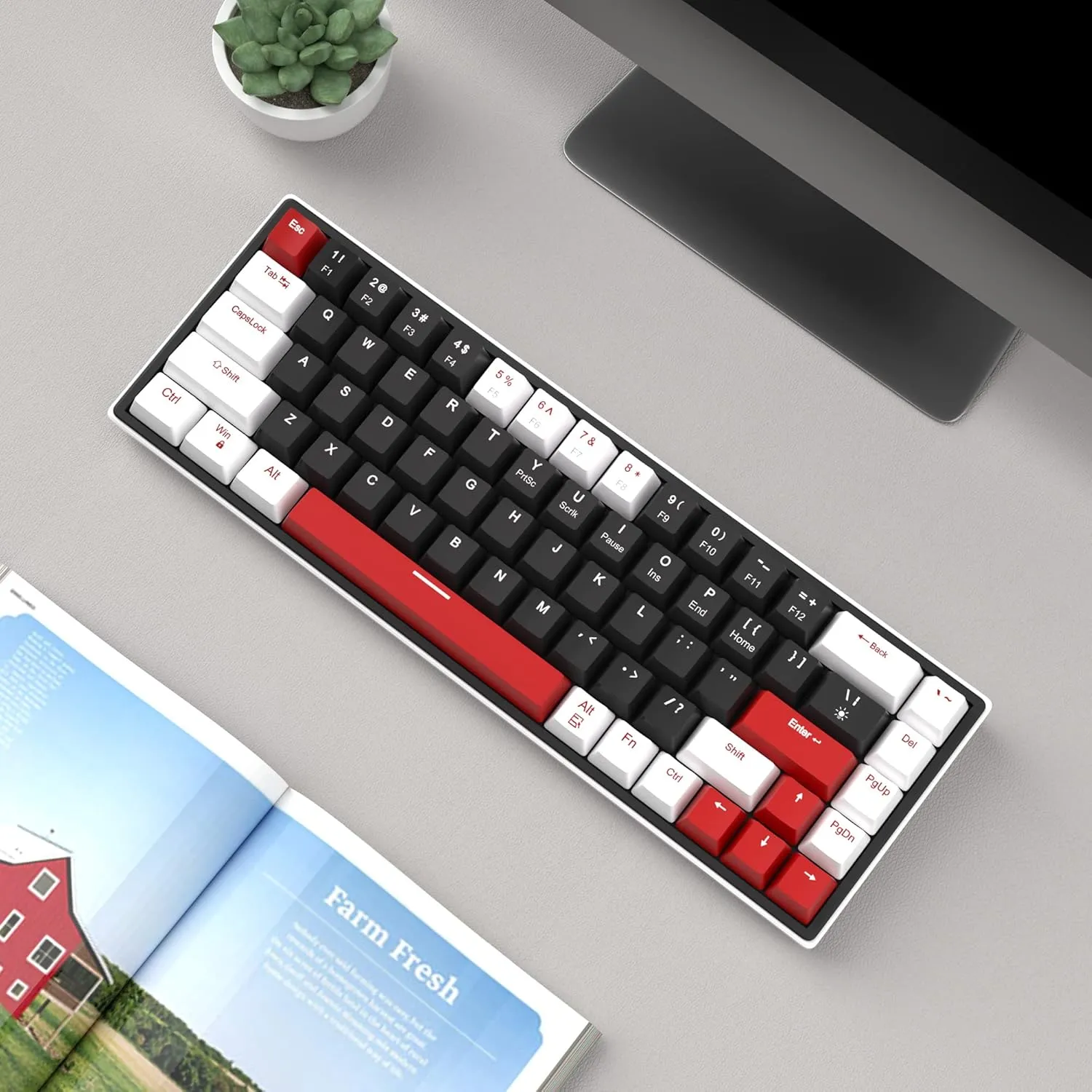 MageGee 60% Mechanical Gaming Keyboard, 68 Keys Compact Blue LED Backlit Gaming Keyboards, SKY68 Wired Ergonomic Mini Office Keyboard for Windows PC Gamer (Red Switch, White & Black)