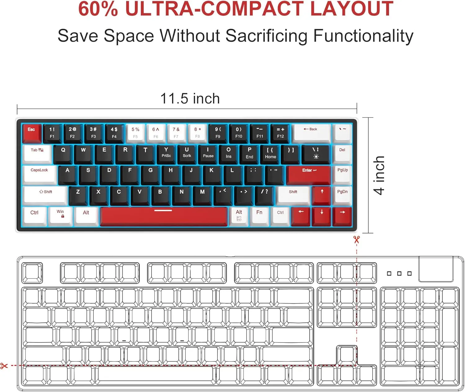 MageGee 60% Mechanical Gaming Keyboard, 68 Keys Compact Blue LED Backlit Gaming Keyboards, SKY68 Wired Ergonomic Mini Office Keyboard for Windows PC Gamer (Red Switch, White & Black)
