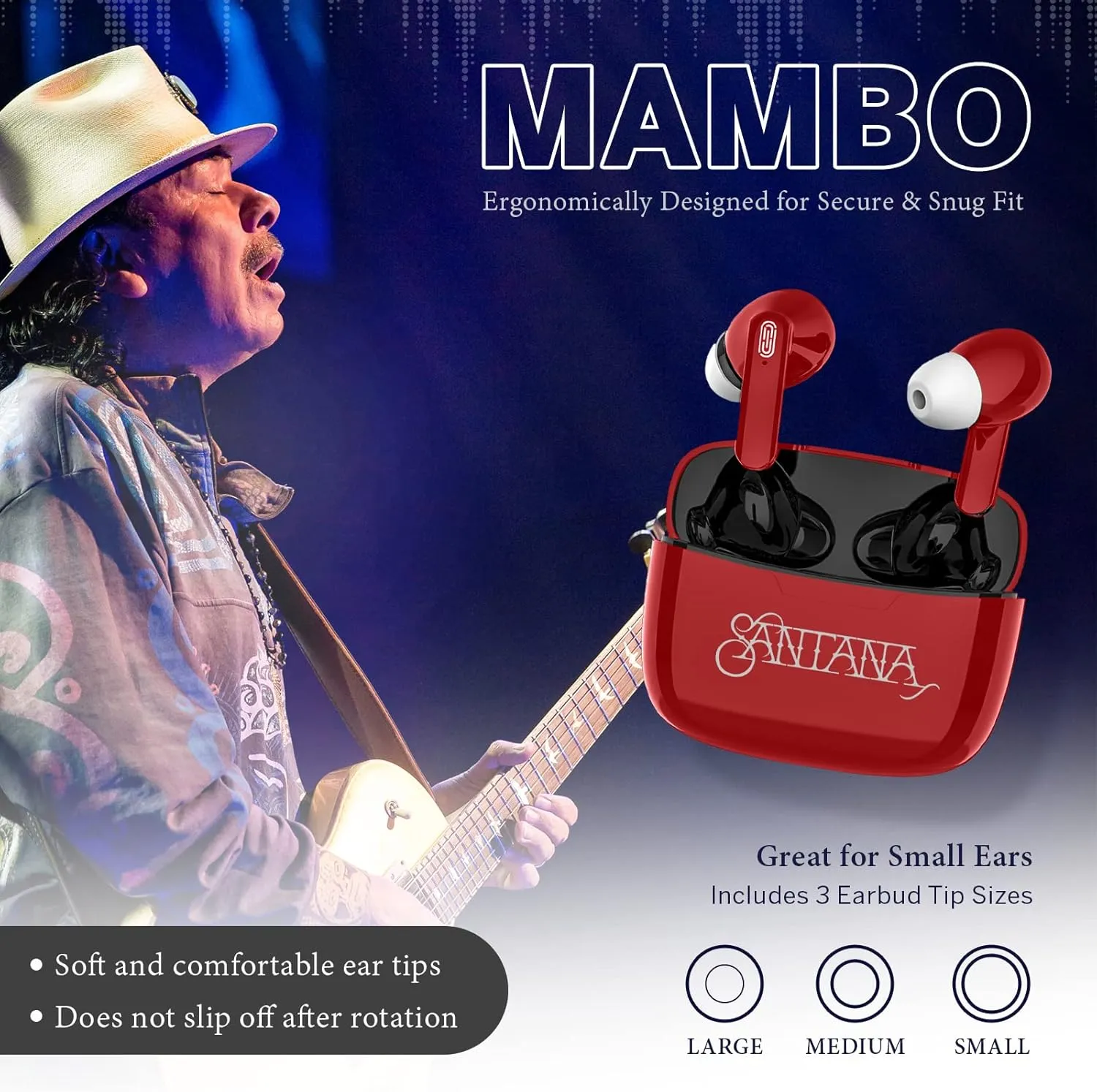 Mambo by Carlos Santana, True Wireless Earbuds Bluetooth Headphones with Charging Case, Bluetooth Earbuds with Voice Isolating Microphone, Deep Bass Stereo Headsets for Sports & Gaming (Red)
