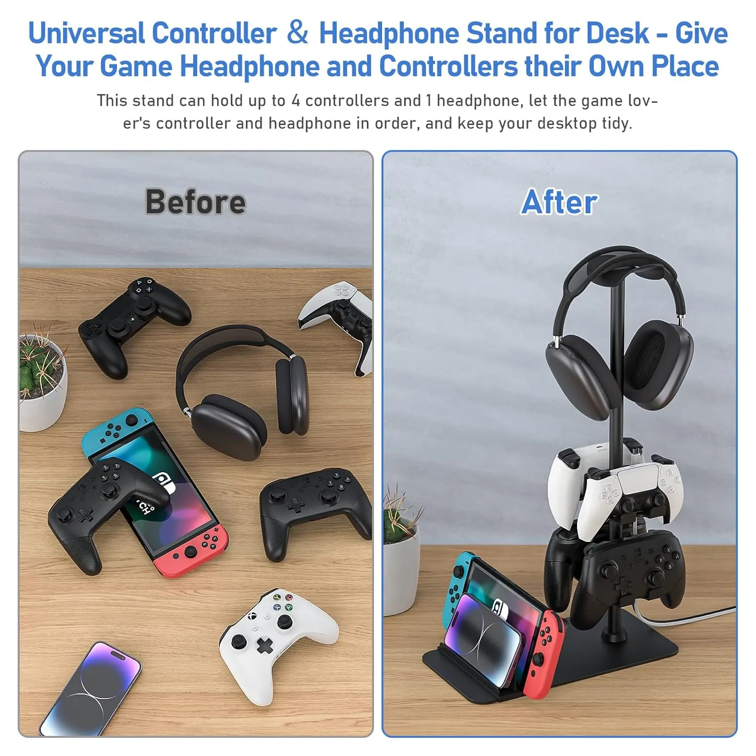 MANMUVIMO Headset Stand Controller Holder for 1 Headset and 4 Controller, Headphone Game Controller Stand for Desk, Gamer Gifts, Organizer Rack for Switch/iPad/Mobile Phone, Gaming Room Accessories