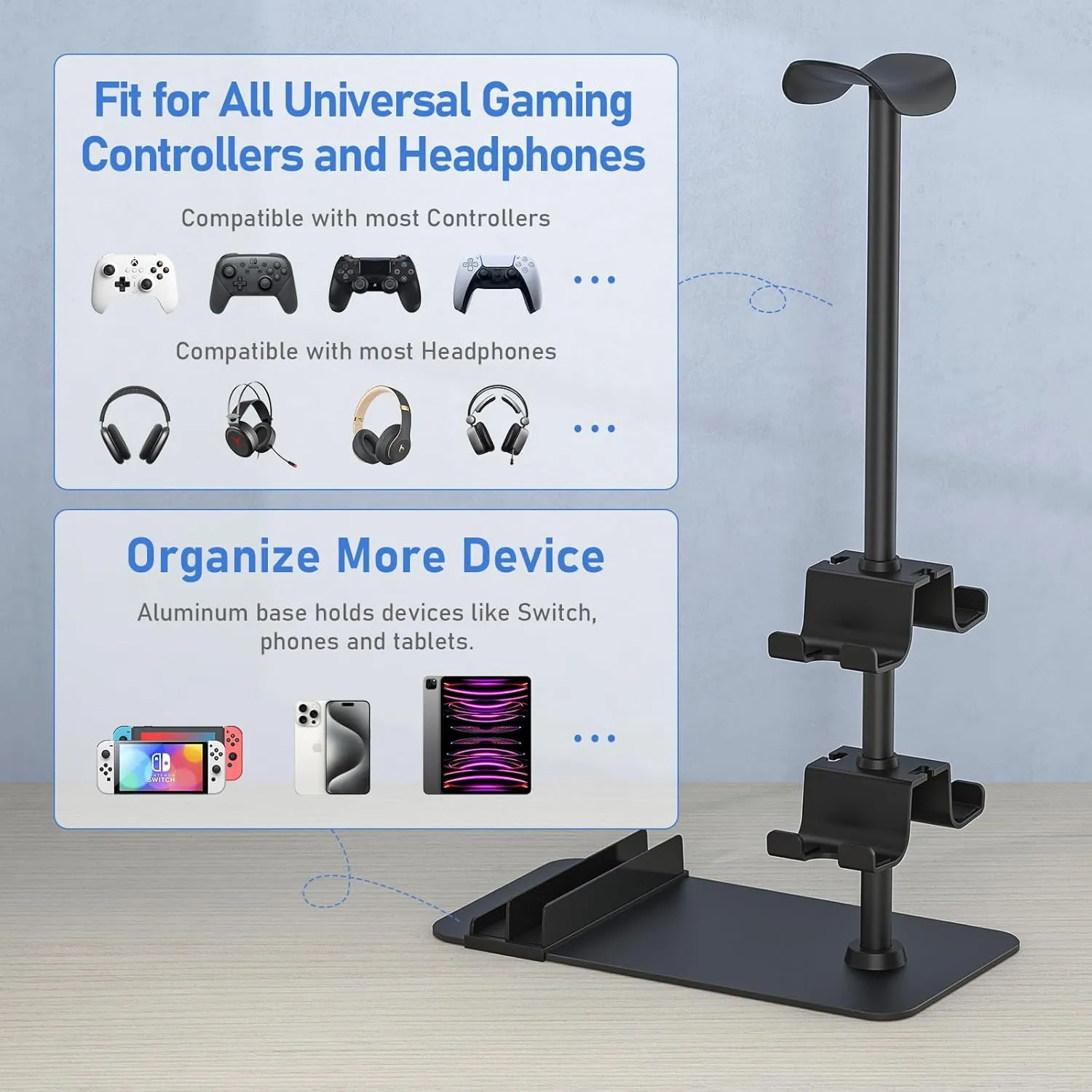 MANMUVIMO Headset Stand Controller Holder for 1 Headset and 4 Controller, Headphone Game Controller Stand for Desk, Gamer Gifts, Organizer Rack for Switch/iPad/Mobile Phone, Gaming Room Accessories