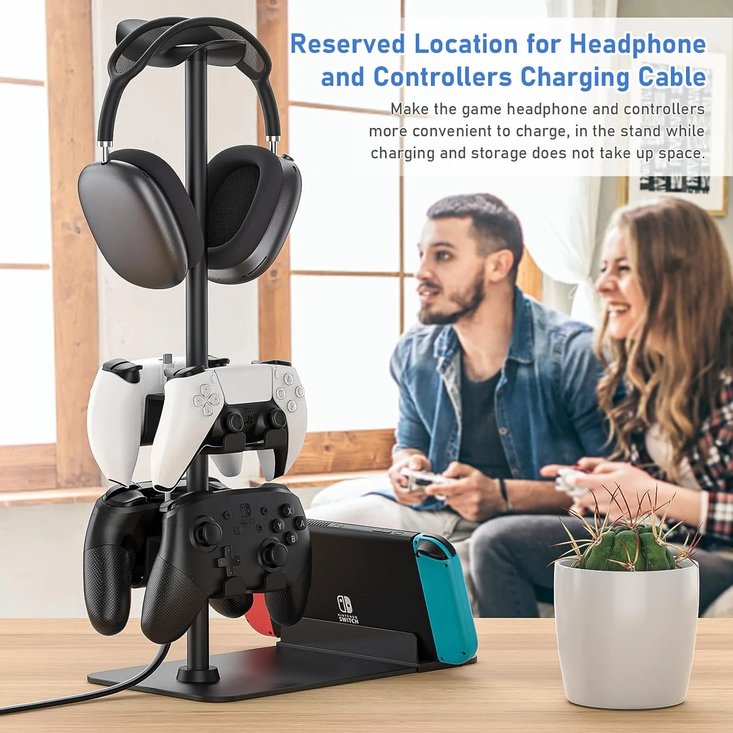 MANMUVIMO Headset Stand Controller Holder for 1 Headset and 4 Controller, Headphone Game Controller Stand for Desk, Gamer Gifts, Organizer Rack for Switch/iPad/Mobile Phone, Gaming Room Accessories
