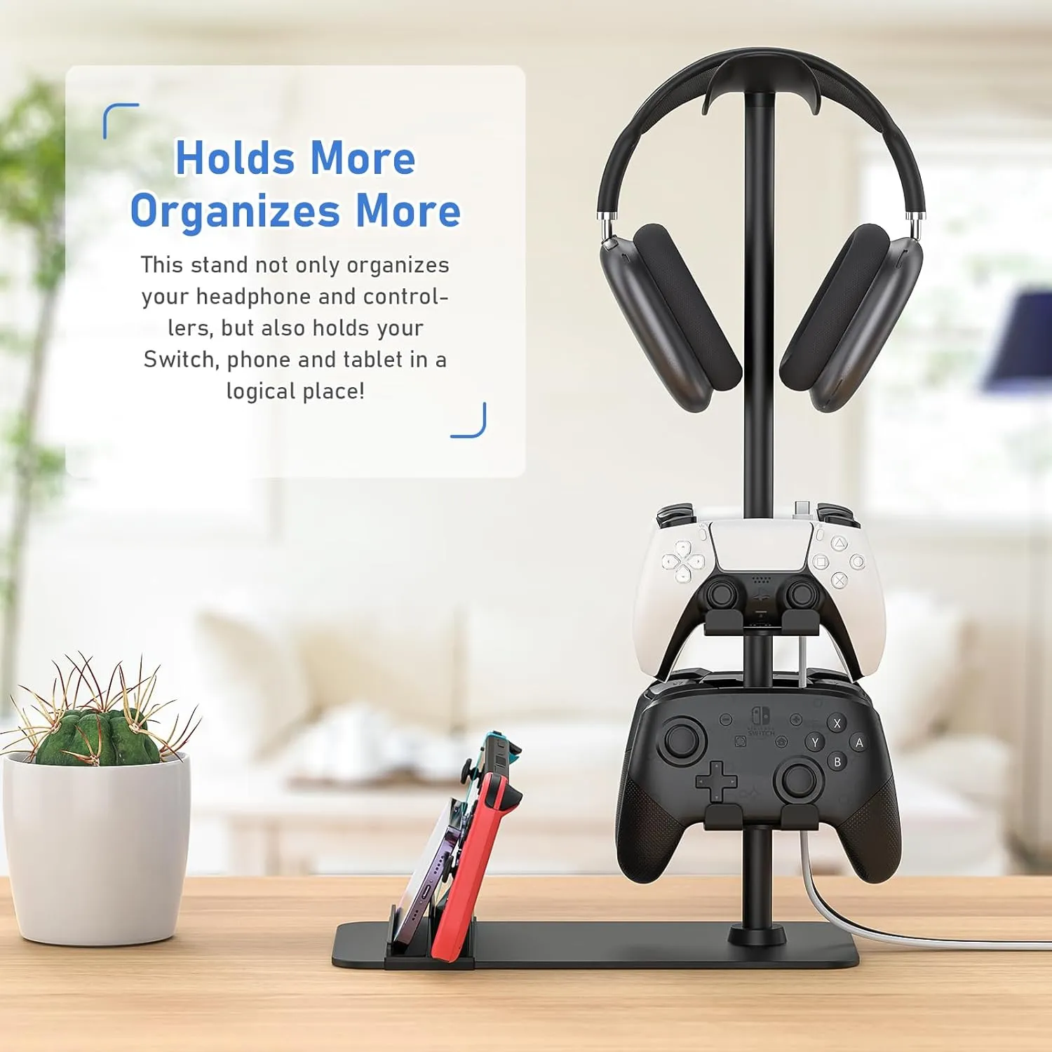 MANMUVIMO Headset Stand Controller Holder for 1 Headset and 4 Controller, Headphone Game Controller Stand for Desk, Gamer Gifts, Organizer Rack for Switch/iPad/Mobile Phone, Gaming Room Accessories