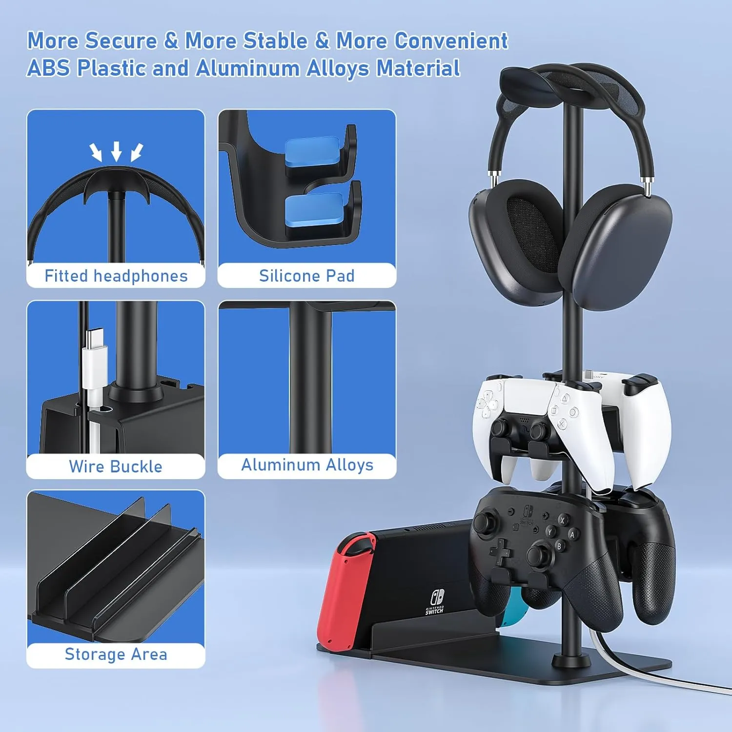 MANMUVIMO Headset Stand Controller Holder for 1 Headset and 4 Controller, Headphone Game Controller Stand for Desk, Gamer Gifts, Organizer Rack for Switch/iPad/Mobile Phone, Gaming Room Accessories