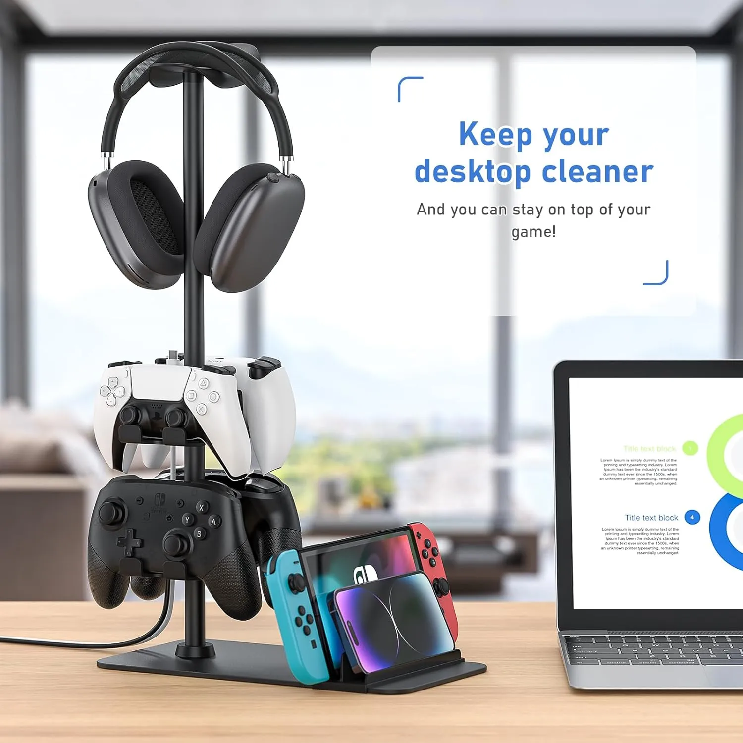 MANMUVIMO Headset Stand Controller Holder for 1 Headset and 4 Controller, Headphone Game Controller Stand for Desk, Gamer Gifts, Organizer Rack for Switch/iPad/Mobile Phone, Gaming Room Accessories