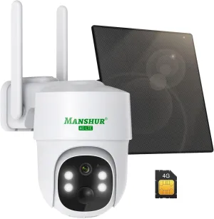 Manshur 4G LTE Cellular Security Camera Outdoor Wireless, Cameras Without WiFi Needed 360PTZ 2K/3MP Color Night Vision, 2 Way Talk, PIR Motion Detection, Spotlight, No WiFi Supported, IP66, Cloud