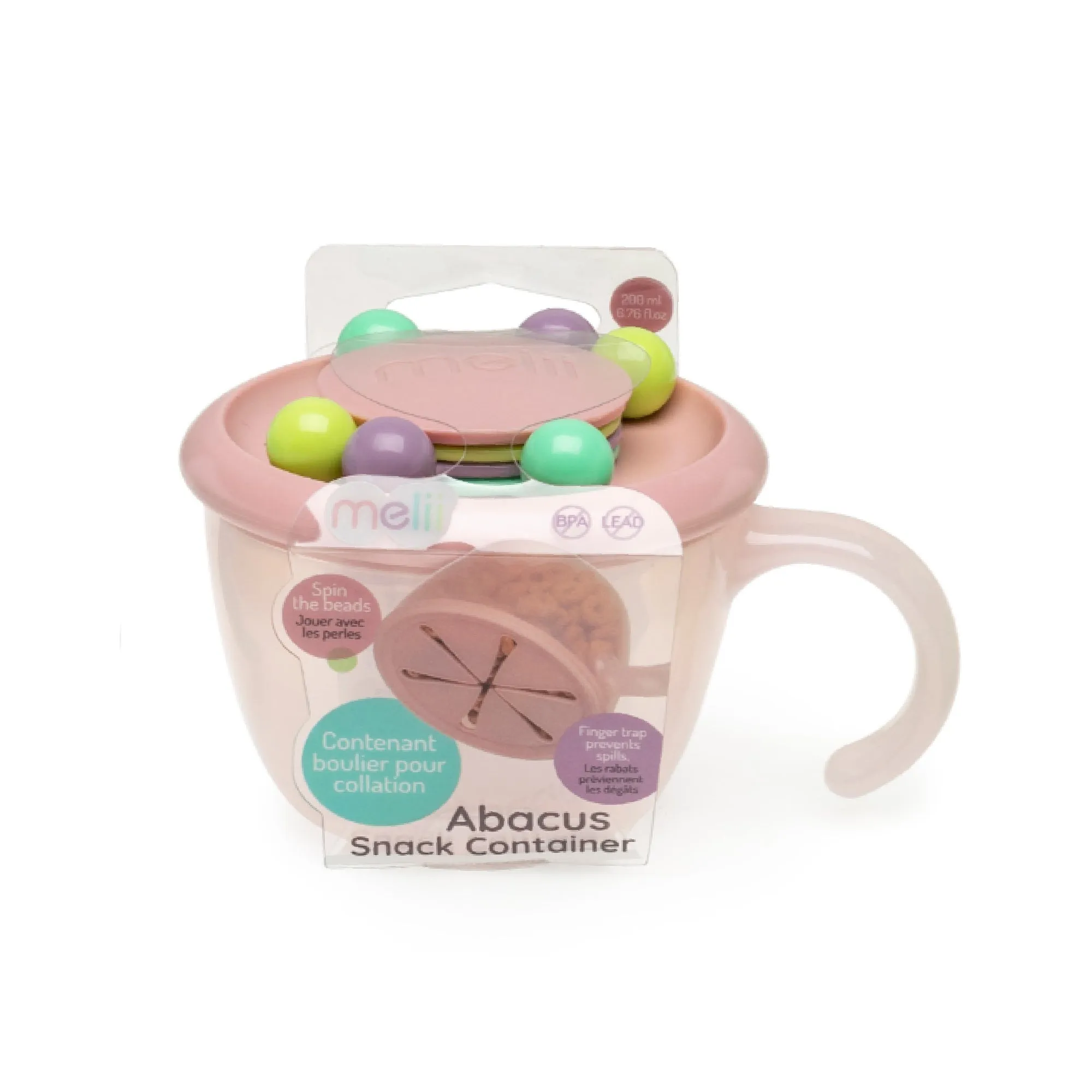 melii Snack Container Pink - Safe, Spill-Proof, and Playful Food Storage with Educational Beads for Babies, Toddlers, and Kids - BPA-Free & Versatile Snacking Solution
