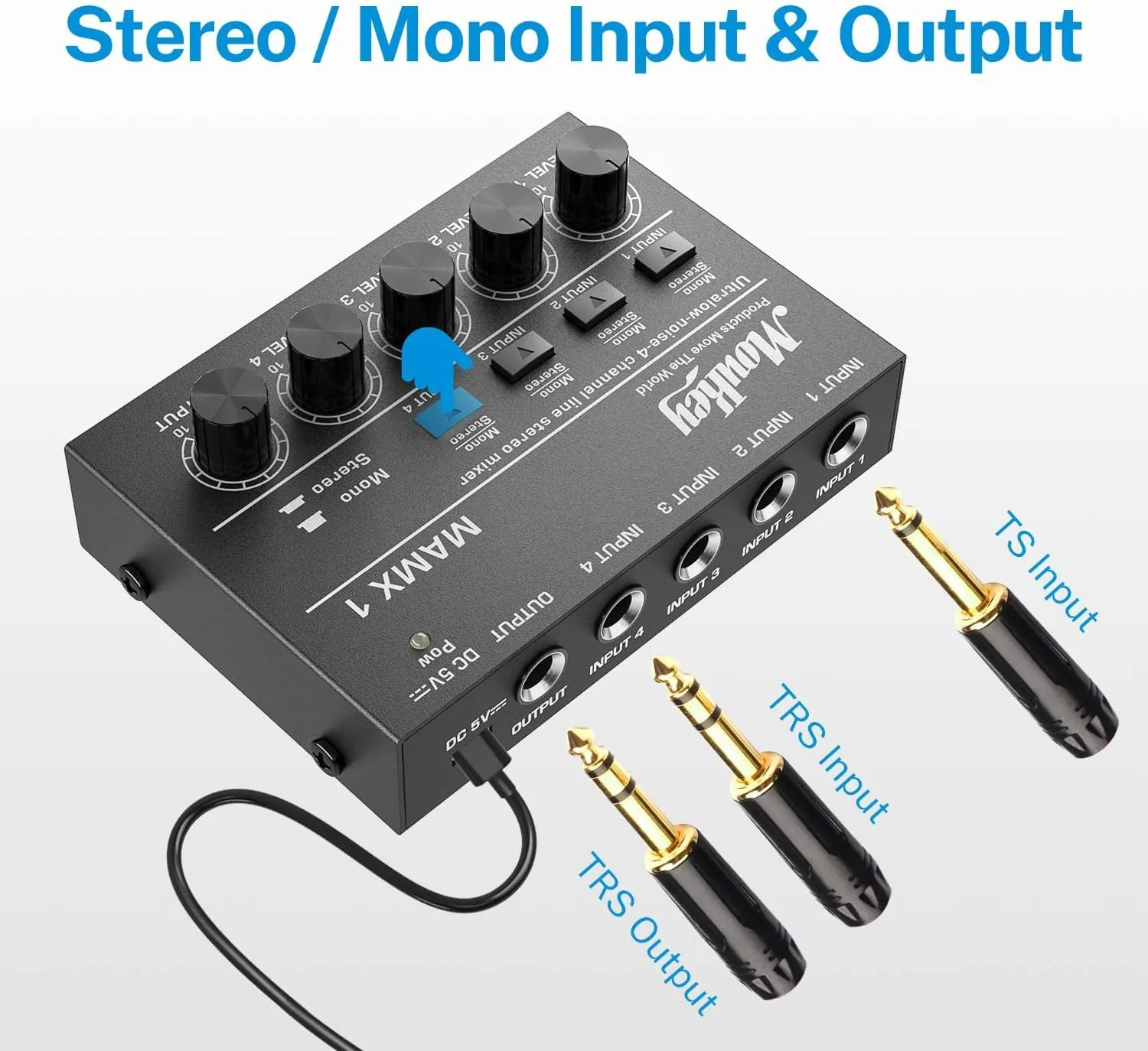 Moukey Mini Audio Mixer, DC 5V, 4 Stereo Ultra, Low Noise 4 Channel Line Mixer for Sub-Mixing, for Small Clubs or Bars, As Guitars, Bass, Keyboards Mixer, MAMX1