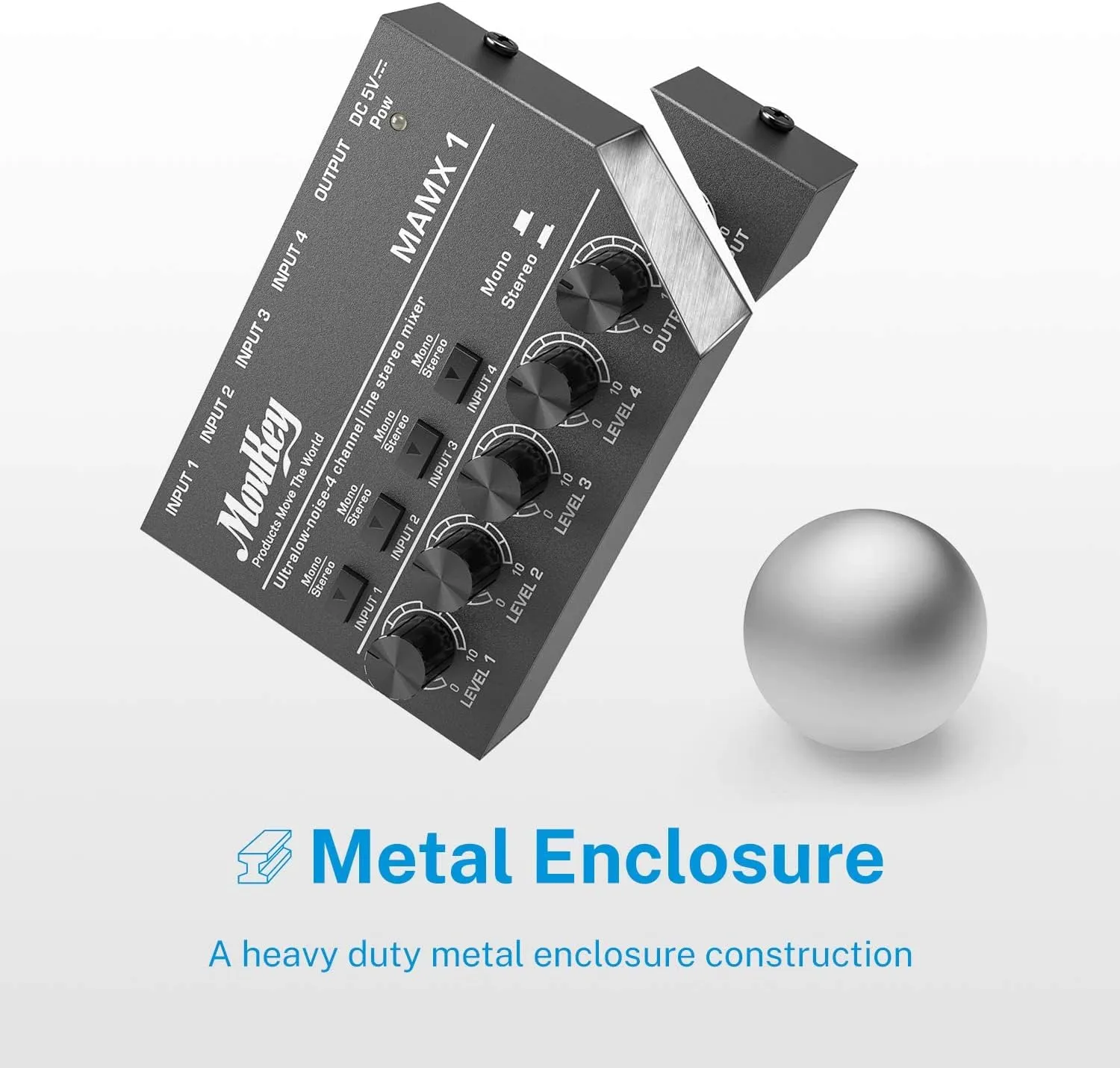 Moukey Mini Audio Mixer, DC 5V, 4 Stereo Ultra, Low Noise 4 Channel Line Mixer for Sub-Mixing, for Small Clubs or Bars, As Guitars, Bass, Keyboards Mixer, MAMX1