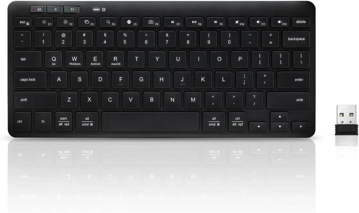 Multi-Device Wireless Bluetooth Keyboard Compact Slim Wireless Keyboards Compatible with Windows, Mac, Android, iPad, Easy-Switch up to 3 Devices, Dual-Mode (2 x Bluetooth   USB 2.4G) (Black)