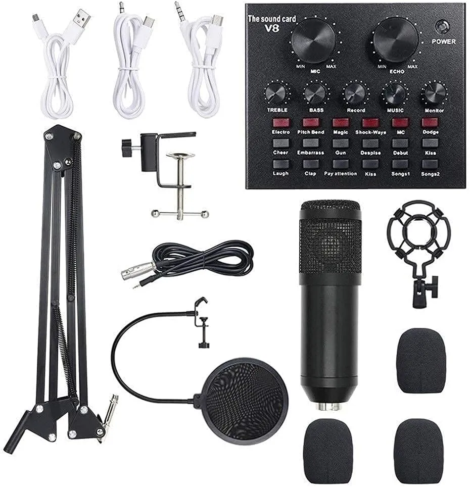 Multi-Functional Live Sound Card and Microphone Kit Suspension Transmission Recording Condenser Microphone Set Vocal Microphones,