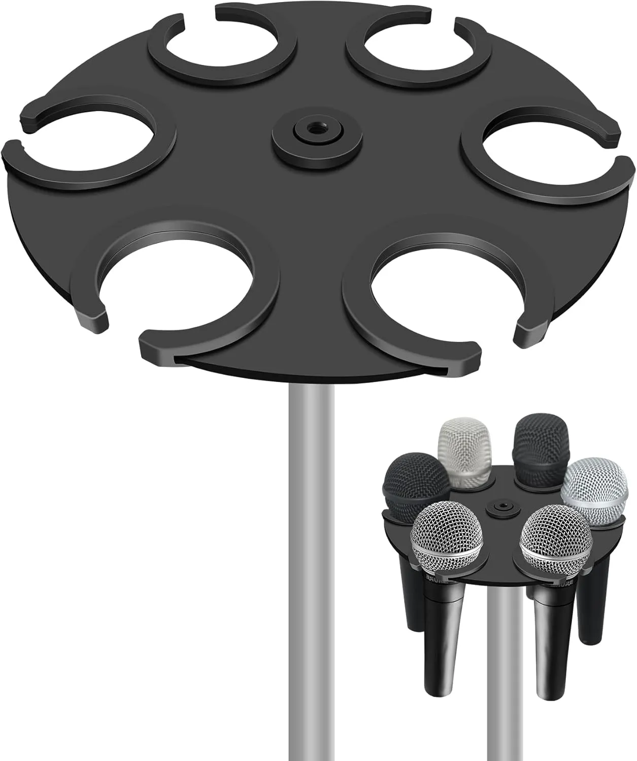 Multi Microphone Holder Up to 6 Mic (Aluminum/Rubber padding) for Handheld Dynamic, Wired and Wireless Mics, Multiple Mic Organizer for Mic Stand, Mounts to 5/8"-27 or 3/8"-16 threaded Stands