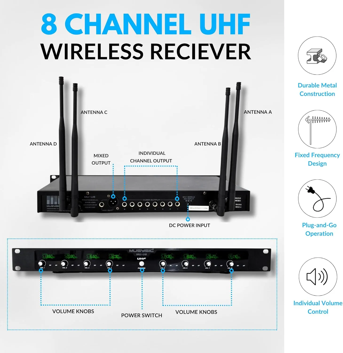 MUSYSIC 8-Channel Wireless UHF Microphone & Karaoke Machine Compatable with 300ft Range Frequency Headset- Podcast Equipment, Wireless Headset-Microfonos Inalambricos for Studio 8 pack-Frequency Set 1