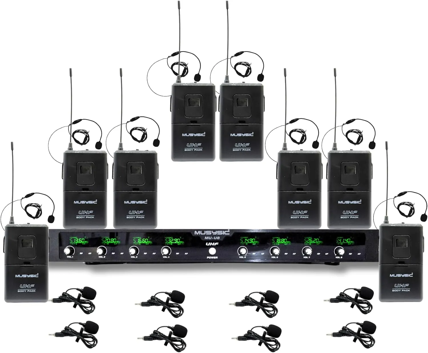 MUSYSIC 8-Channel Wireless UHF Microphone & Karaoke Machine Compatable with 300ft Range Frequency Headset- Podcast Equipment, Wireless Headset-Microfonos Inalambricos for Studio 8 pack-Frequency Set 1