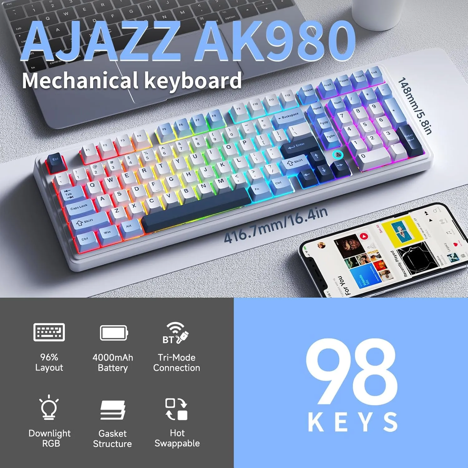NACODEX Ajazz AK980 Blue White Wireless Mechanical Gaming Keyboard,Tri-Mode BT5.0/2.4GHz/USB-C Hot Swappable Custom Keyboard RGB Backlit Computer Gaming Keyboards for PC/Tablet/PS/Xbox