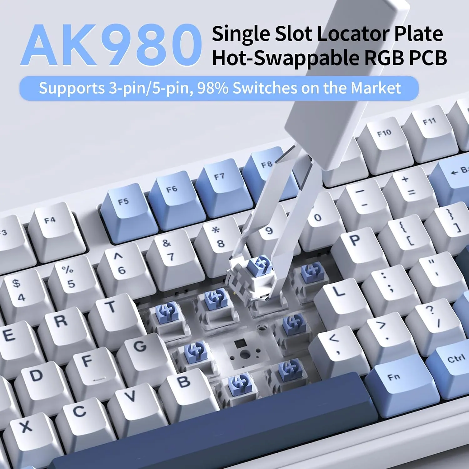 NACODEX Ajazz AK980 Blue White Wireless Mechanical Gaming Keyboard,Tri-Mode BT5.0/2.4GHz/USB-C Hot Swappable Custom Keyboard RGB Backlit Computer Gaming Keyboards for PC/Tablet/PS/Xbox