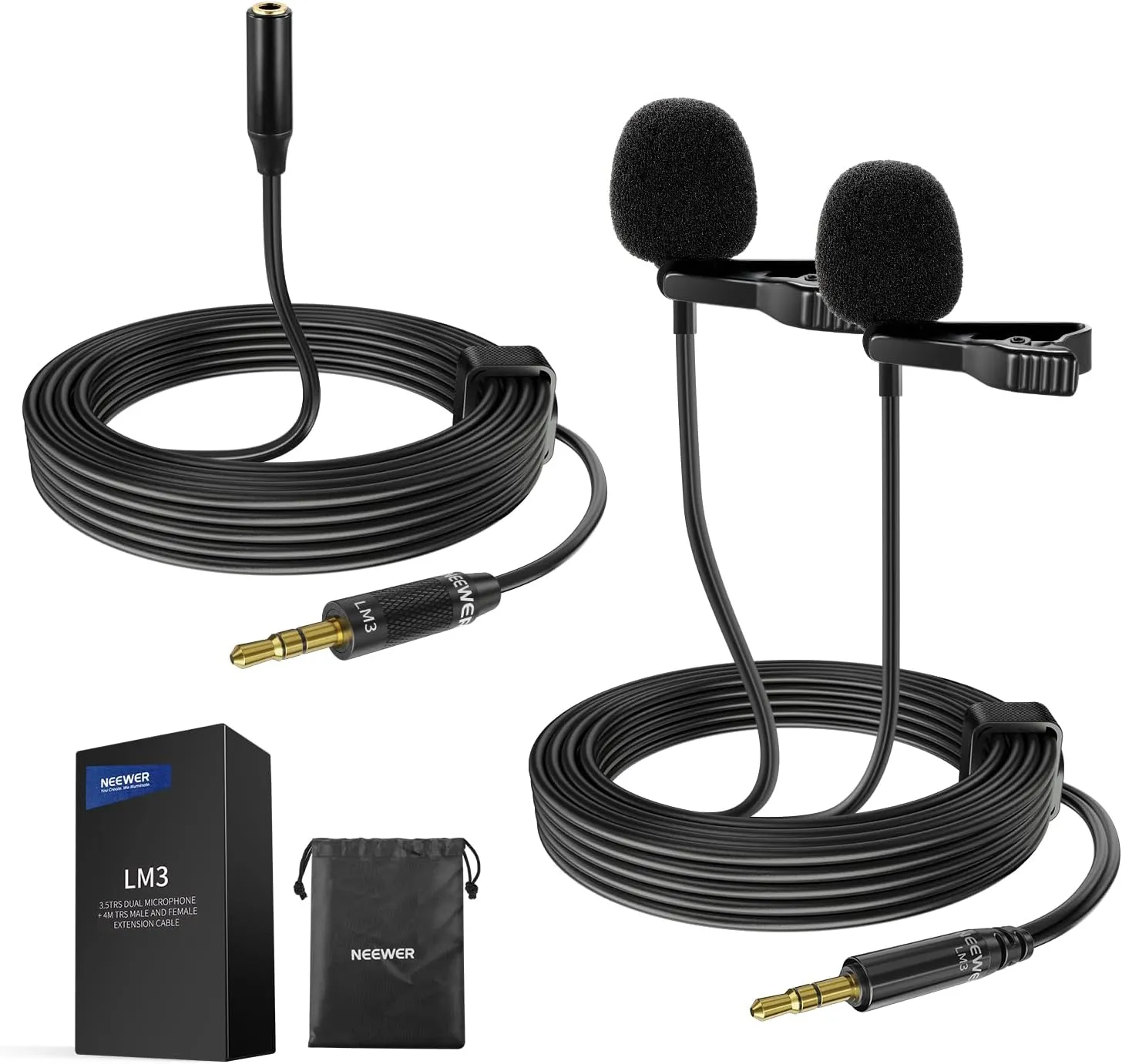 NEEWER 2m Wired Dual Lavalier Microphones with 4m Extension Cable, Mini Clip On Omnidirectional Condenser Lapel Lav Mic 3.5mm TRS for DSLR Mirrorless Camera Camcorder Interview Vlog, LM3