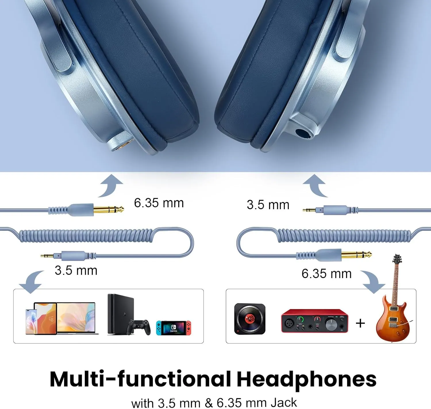 OneOdio A71 Hi-Res Studio Recording Headphones - Wired Over Ear Headphone with SharePort, Monitoring Mixing Foldable Headset with Stereo Sound, 3.5/6.35MM Jack for PC Computer DJ Guitar-Sky Blue