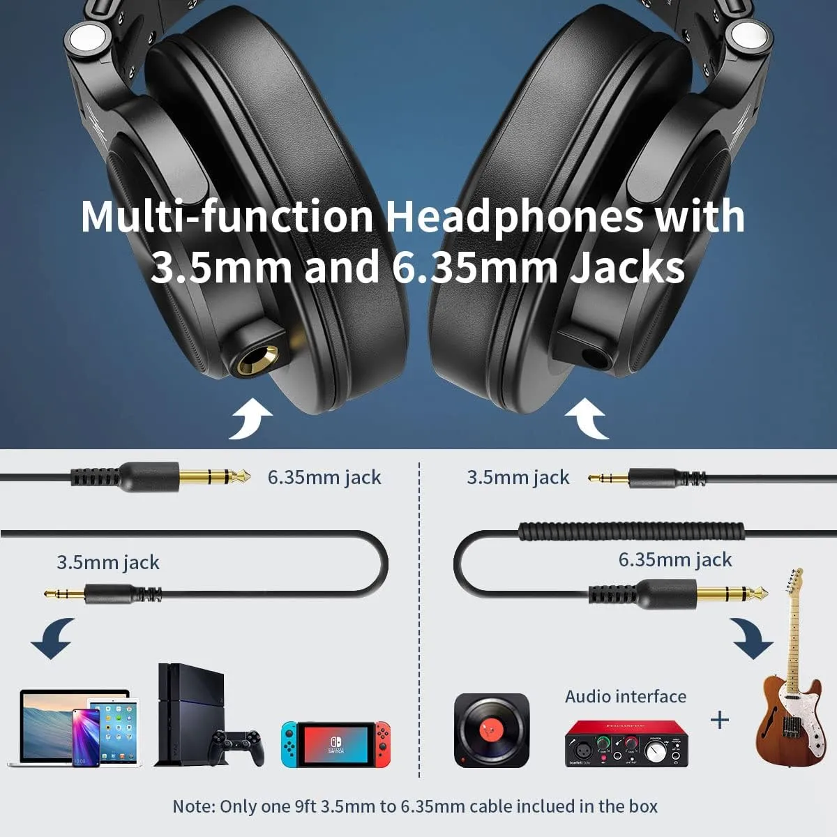 OneOdio A71 Hi-Res Studio Recording Headphones - Wired Over Ear Headphones with SharePort, Monitoring Mixing Foldable Headset with Stereo Sound, 3.5/6.35MM Jack for PC Computer DJ Guitar-Black
