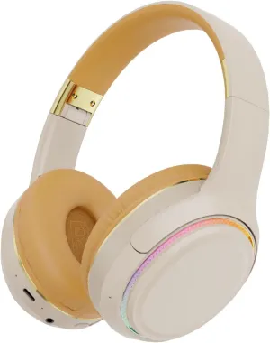 OOYY Wireless Bluetooth Headphones with RGB LED Lighting, Foldable Over-Ear Headphones with Hidden Mic for Cell Phone, PC, Laptop, Suitable for School, Workouts, Listening Music, and Gaming (Khaki)