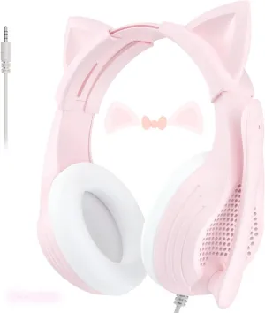 Pink Gaming Headset with Microphone for PC/PS4/PS5/Xbox/Laptop, Stereo Surround Sound, Wired Over Ear Headphones with Mic, Cat Ears, Soft Ear Pads, Noise Cancelling for Girls, Teens, Women