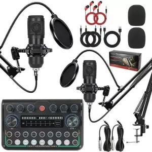 Podcast Equipment Bundle, 2 Condenser Microphones, Audio Interface Mixer, 2 Boom Arms, XLR/USB/Bluetooth
